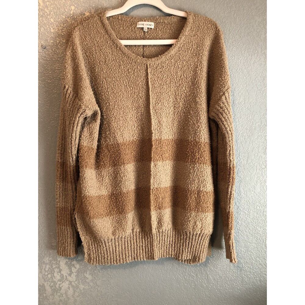 Thyme & Honey Womens Sweater Large Brown Tan Striped‎ Pullover Long Sleeve Cozy